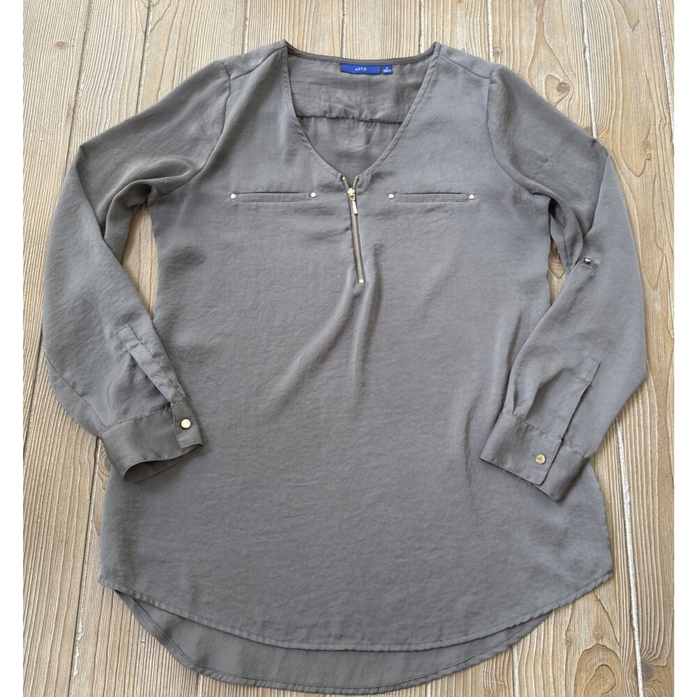 Apt. 9 Women’s Grey V Neck Silky 1/4 Zipper Blouse Top - Small